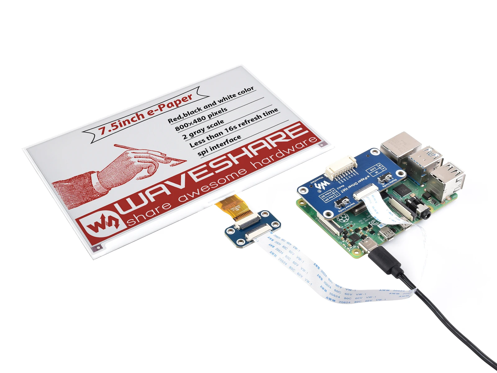7,5 дюймовый e-Paper HAT (B) 800 × 480 E-ink дисплей модуль трехцветный интерфейс SPI с примерами для Raspberry Pi/STM32
7,5 дюймовый e-Paper HAT (B) 800 × 480 E-ink дисплей модуль трехцветный интерфейс SPI с примерами для Raspberry Pi/STM32