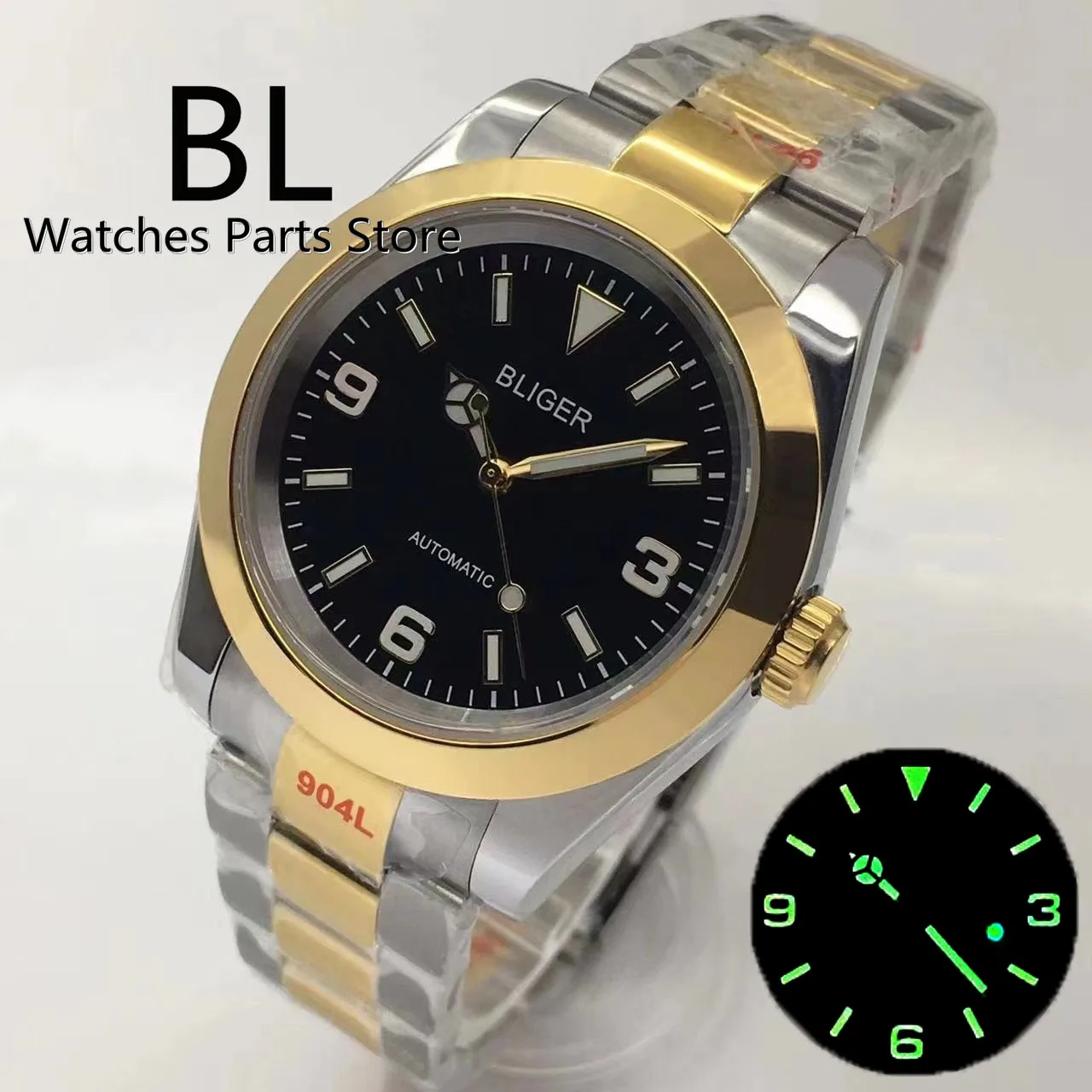 

BLIGER 36mm/39mm Two Tone Gold Watch For Men With Oyster Bracelet Polished Bezel Sapphire Glass Black Dial Green LumeNH35 PT5000