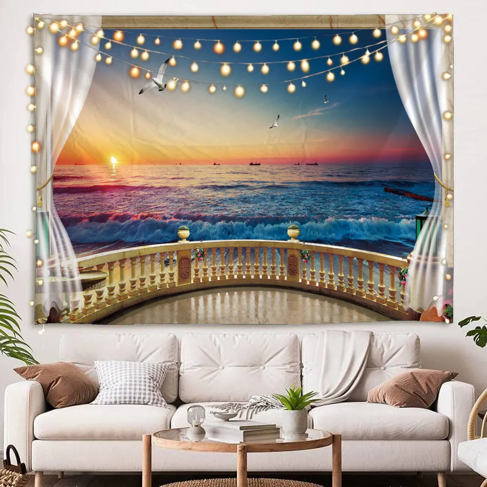 

Beach Tapestry Outside The Window Tapestry Nature Landscape Fabric Wall Hanging for Bedroom Living Room Dorm Wall Decor Mural Co