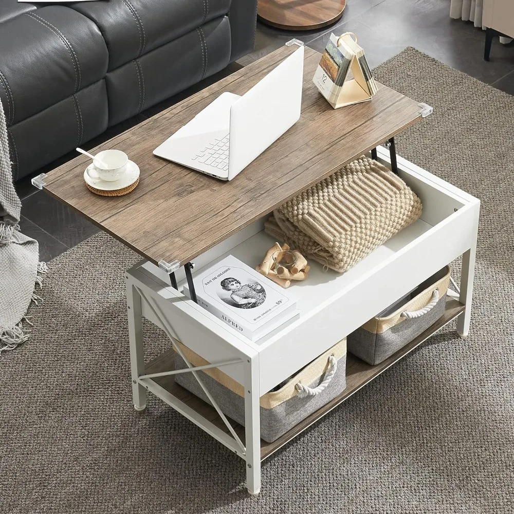 

36" Lift Top Coffee Table with Free Cloth Storage Bins, White Walnut Coffee Table for Living Room, Small Modern Coffee Table