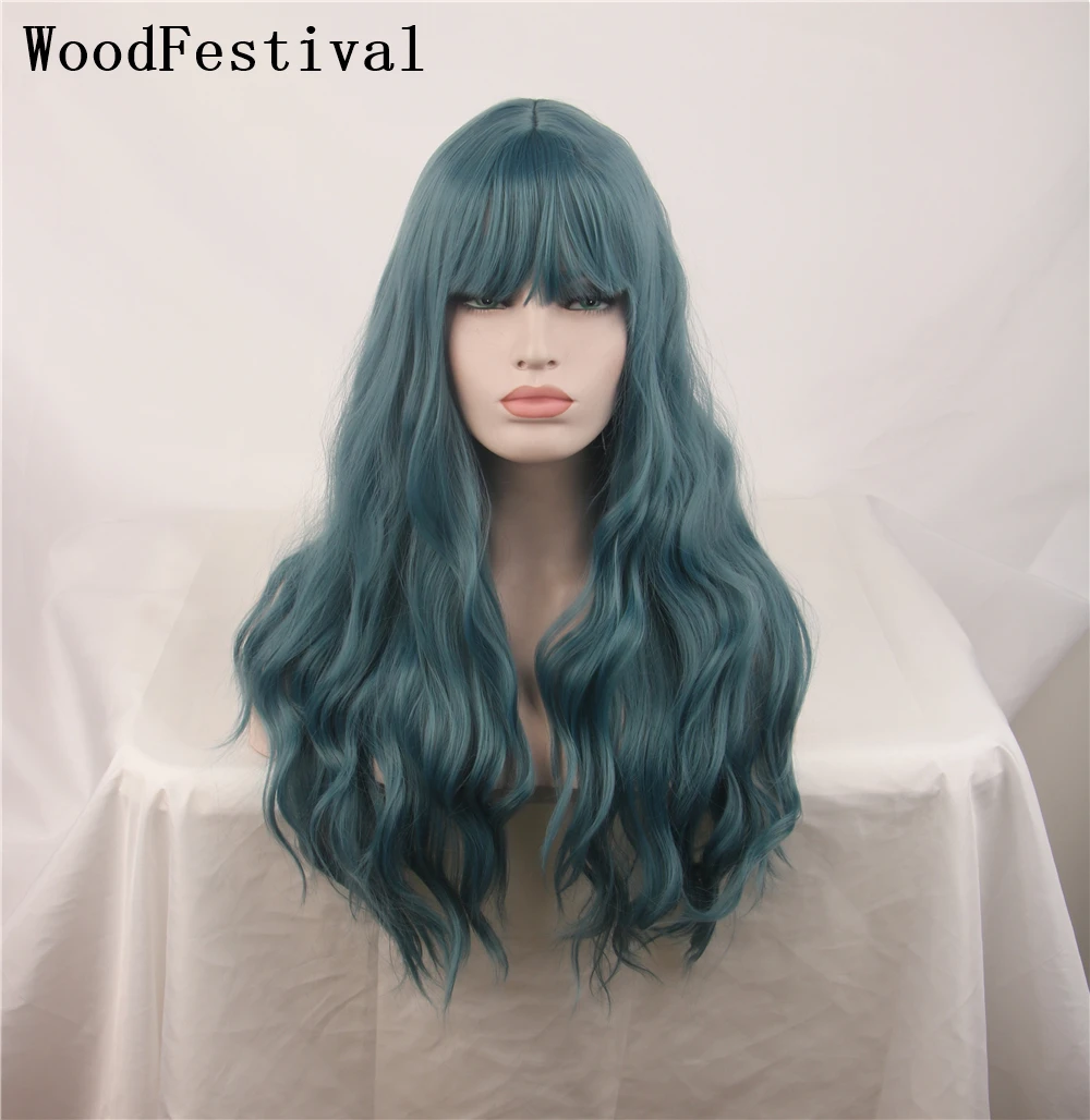 

Волнистые синтетические волосы для косплея WoodFestival, парик с челкой, длинные парики для женщин, черные, белые, зеленые, фиолетовые, розовые женские парики с эффектом омбре