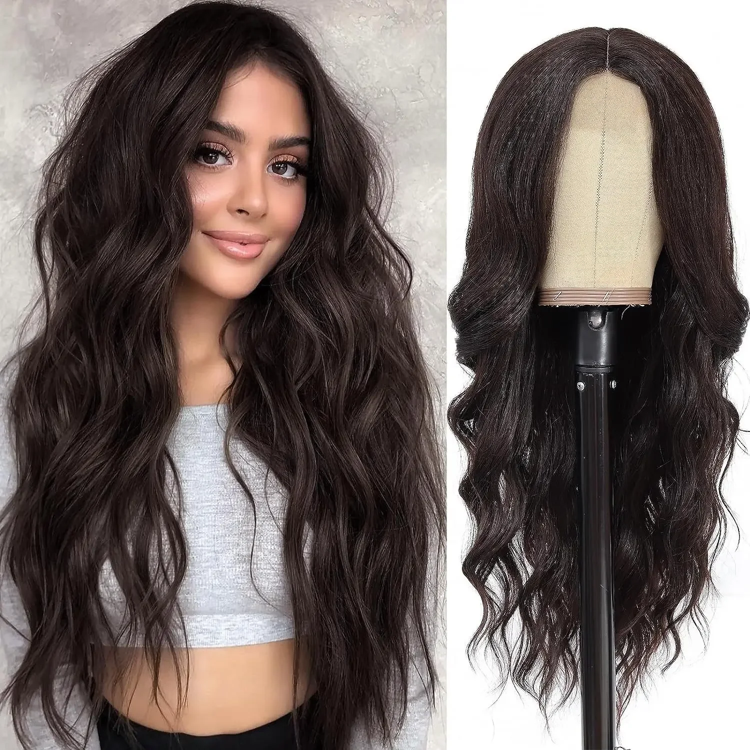 

Long Dark Brown Wavy Wig for Women Synthetic Curly Middle Part Wig Natural Looking Heat Resistant Fibre for Daily Party Use 26In