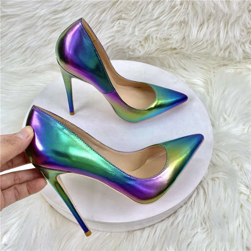 

Glossy Rainbow Colorful Gradient Leather High Heels Pumps Stiletto Heels Woman Pointed Toe multicolor Party Runway Dress Shoes