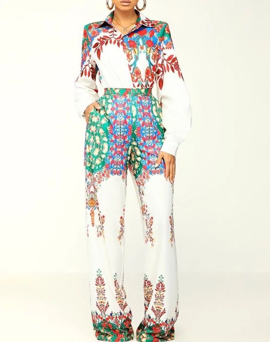 

Women's Elegant Style Suits 2024 Spring/summer Latest Commuting Fashion Style Urban Flower Slim Fit Shirt Set Wide Leg Pants