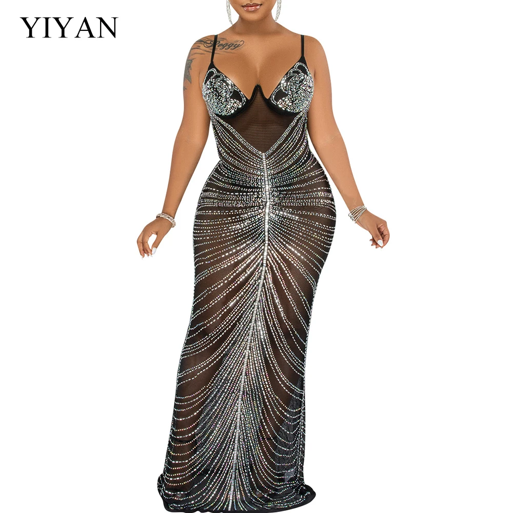 

YIYAN Sparkly Rhinestone Bustier Sheer Mesh Sleeveless Fishtail Evening Maxi Dresses Luxury Spaghetti Crystal Gown Sexy Party