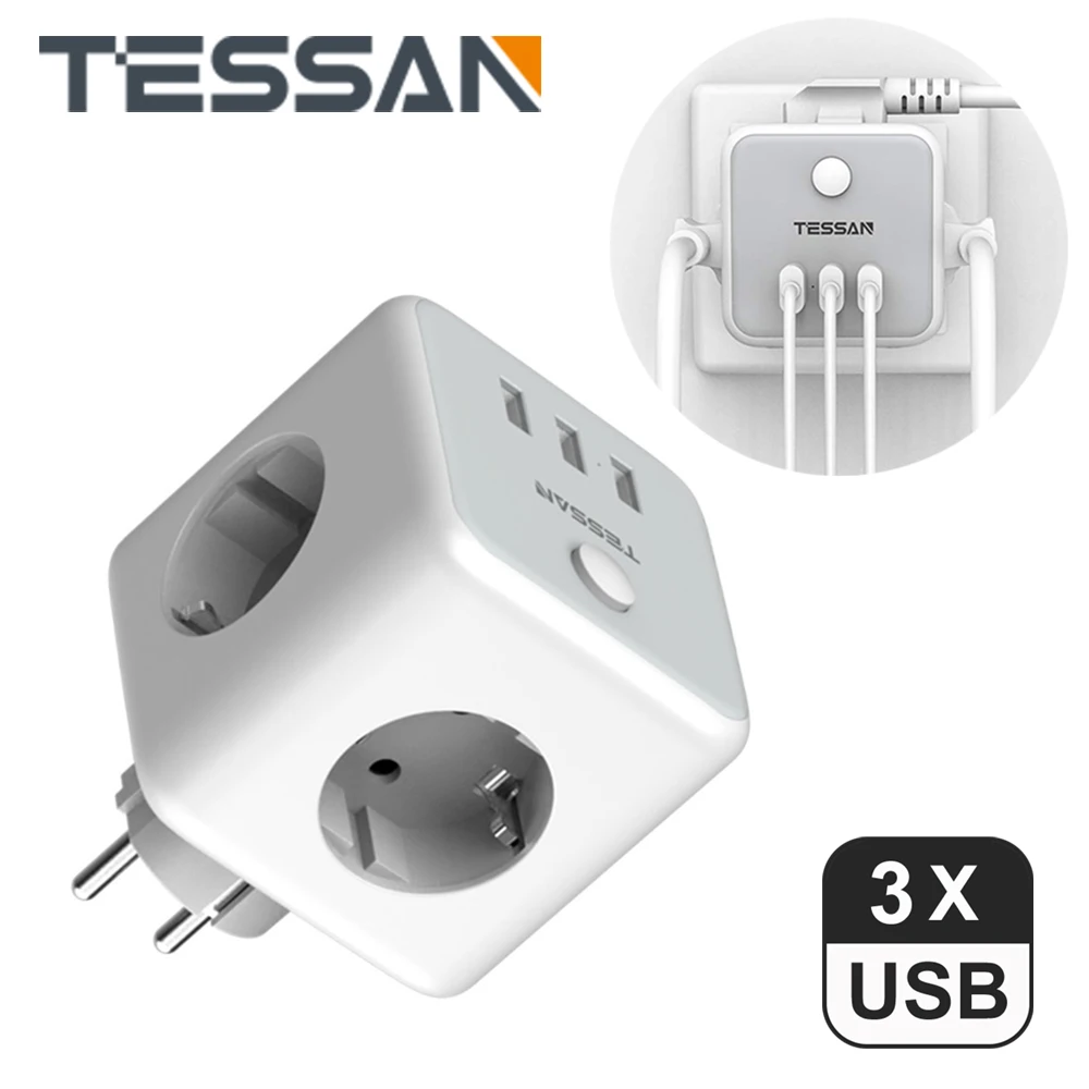 

TESSAN 6 In 1 Cube Wall Socket Adapter with Switch 3 AC Outlets 3 USB Ports EU Multi Plug Power Strip Overload Protection