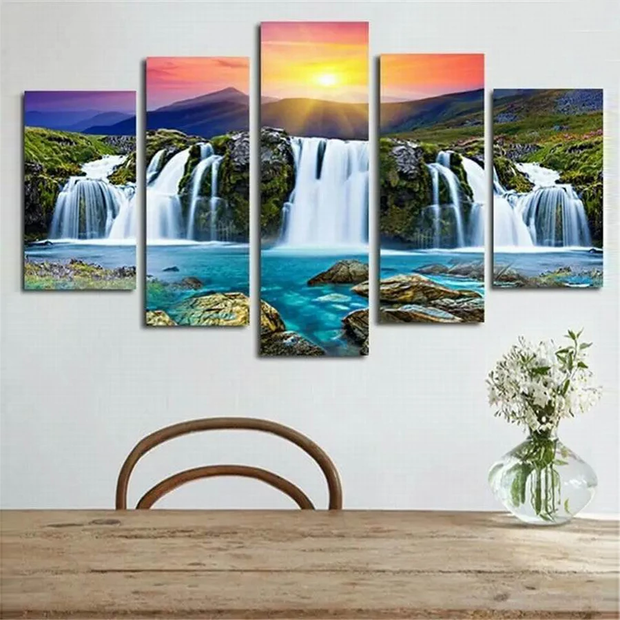 

Diy 5 Piece Diamond Painting Sunset Natural Scenery Waterfall Full Square Round Drill Mosaic Embroidery Kits Wall Decor AA5285