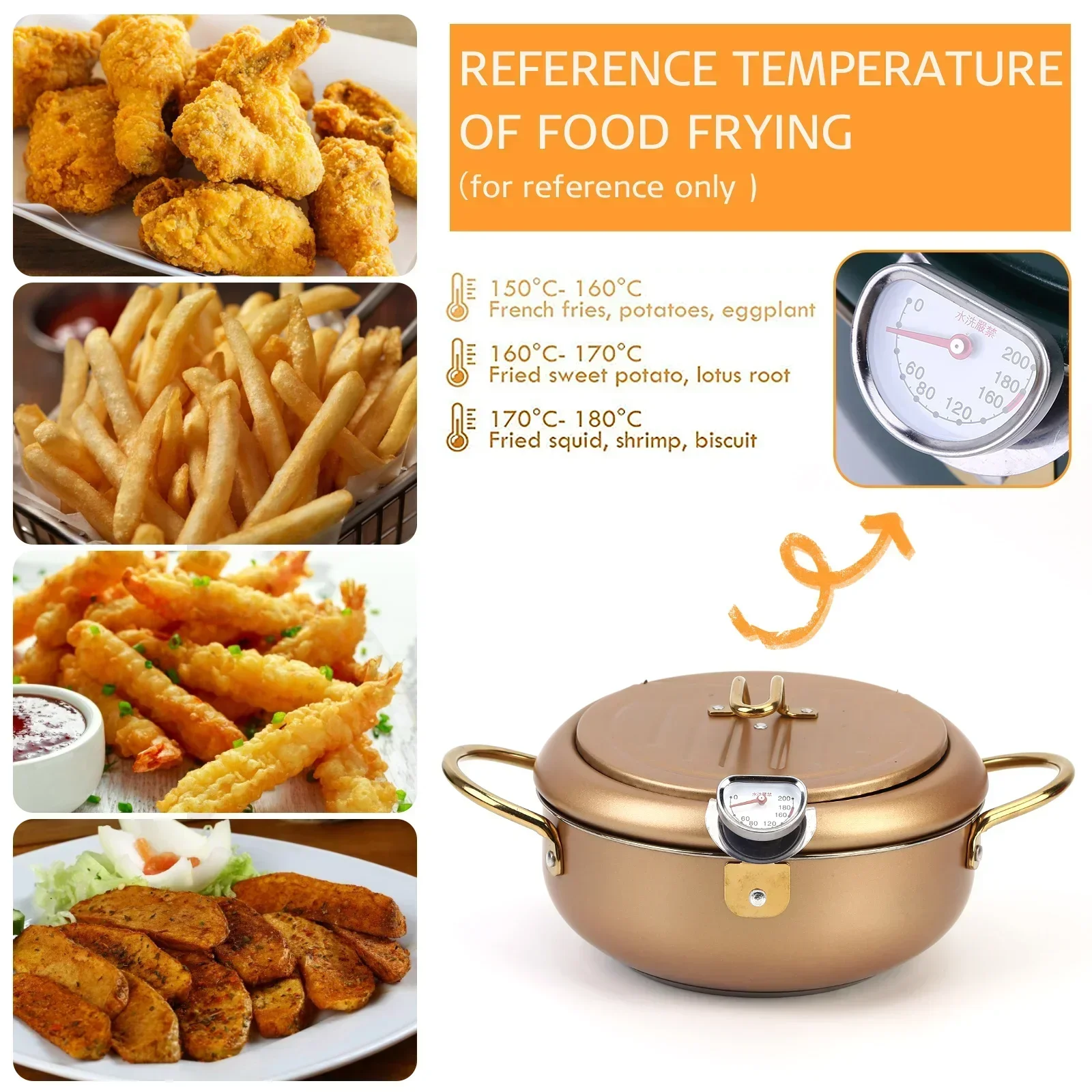 Кухонная жареная фритюрница 304 Tempura с кастрюлей и термометром для приготовления пищи Глубокая крышка из нержавеющей стали для курицы
Кухонная жареная фритюрница 304 Tempura с кастрюлей и термометром для приготовления пищи Глубокая крышка из нержавеющей стали для курицы