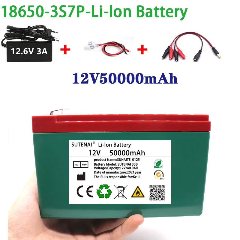 NEW 12V 50Ah 18650 lithium battery pack 3S7P built-in high current 40A Solar street lamp, xenon lamp, backup power supply, LED
NEW 12V 50Ah 18650 lithium battery pack 3S7P built-in high current 40A Solar street lamp, xenon lamp, backup power supply, LED