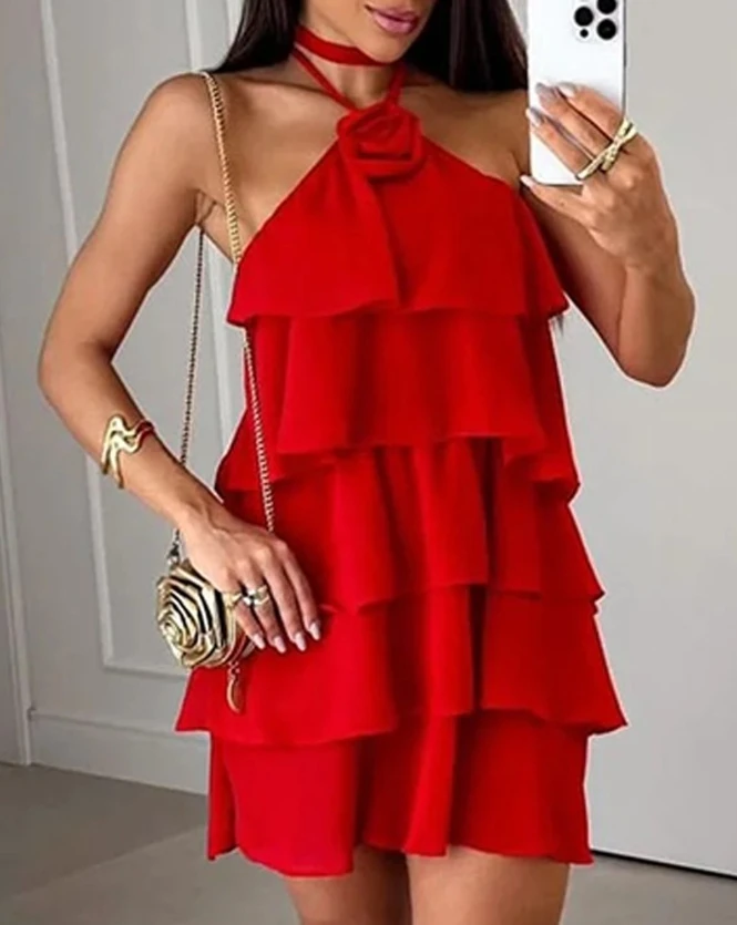 

Woman Ruffles Layered Mini Dress Rose Detail Halter Summer Fashion Sexy Sleeveless Daily Vacation Tiered Dress Ladies for Party
