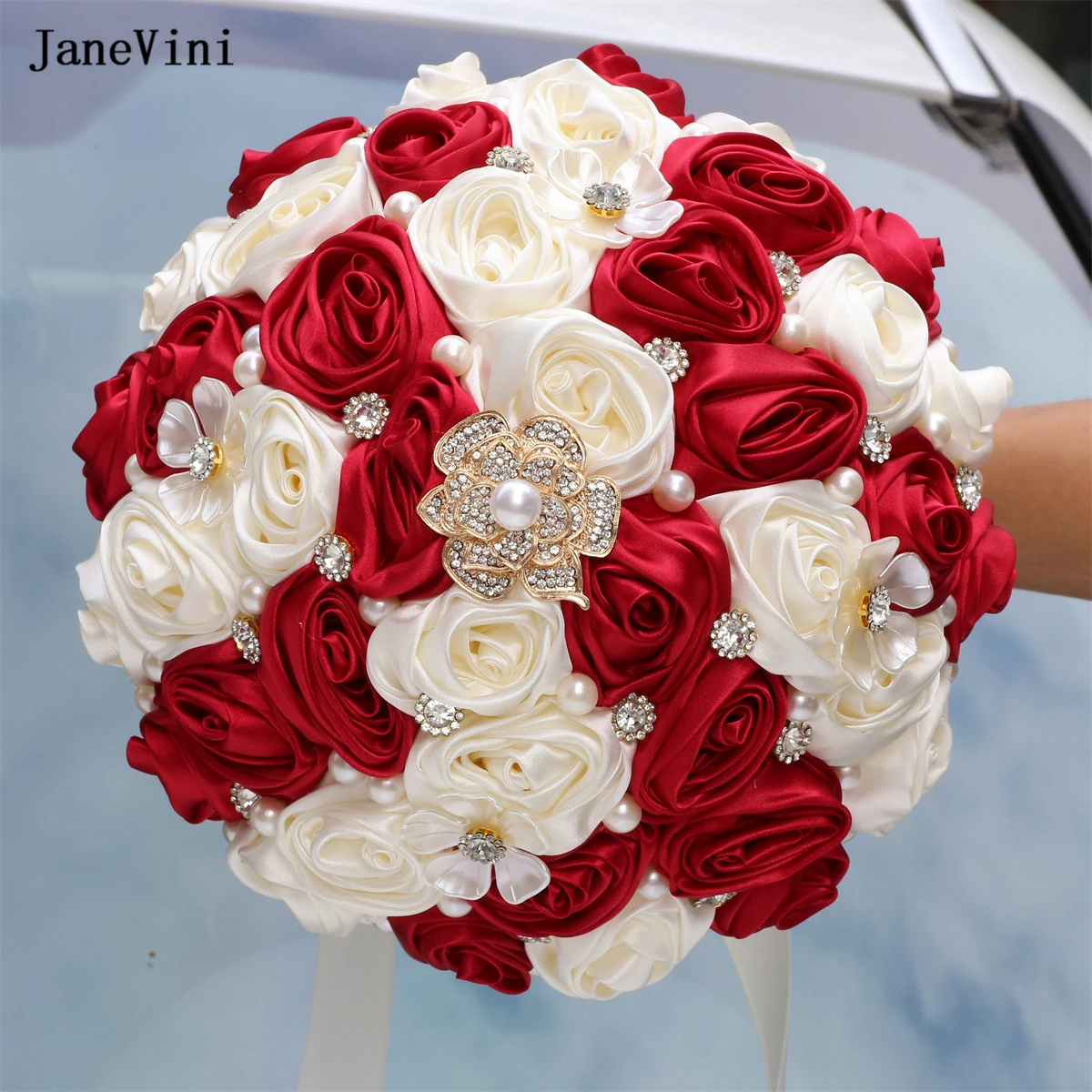 

JaneVini 2023 Elegant Burgundy Ivory Flowers Bridal Bouquets with Crystal Artificial Satin Roses Wedding Bouquet Ramo Novia Boda