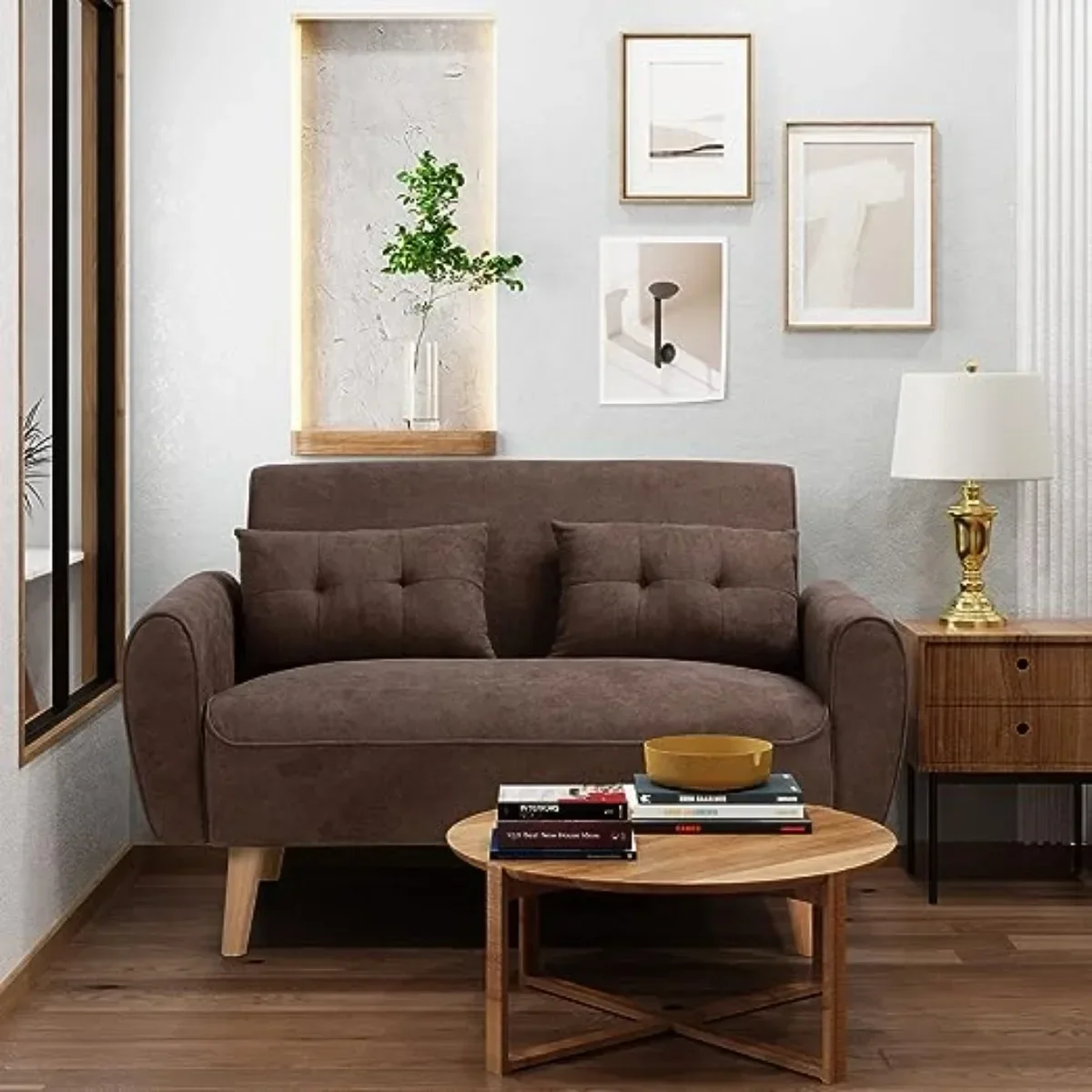 

Маленький современный диван для влюбленных, 47 дюймов, двухместный диван с тканевой обивкой, мебель для влюбленных с 2 подушками, коричневый цвет