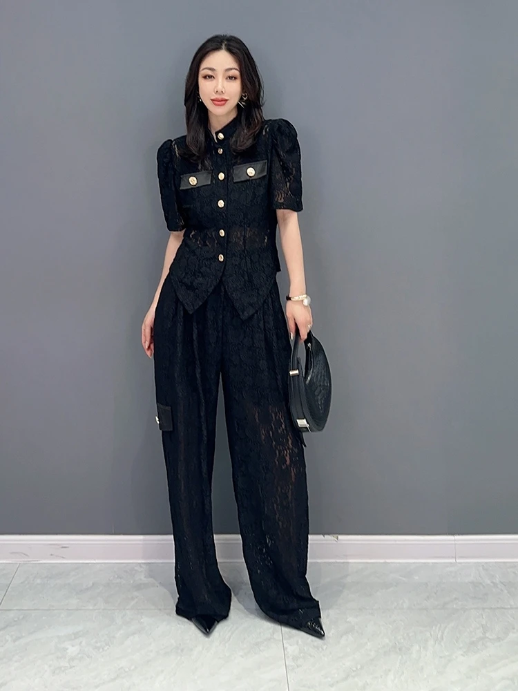 

2023 han edition lace short-sleeved summer 2 suit women cultivate one's morality shirt wide-legged pants OL commuter gorgeous