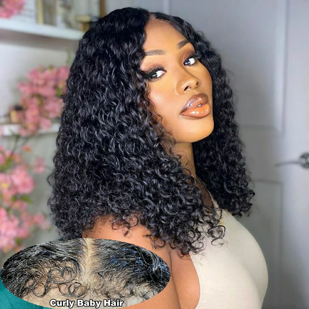 

Transparent Kinky Curly 4C Edges Lace Front Short Bob Human Hair Wig Glueless Wigs Preplucked 13x4 4x4 Lace Frontal Wigs