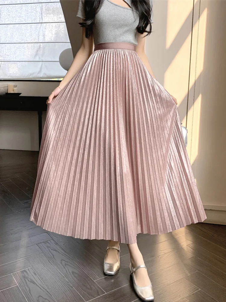 

spring Summer 2024 Vintage Maxi Pleated Skirt Women All-match Solid High Waist Long Skirt Female faldas para mujeres 90cm