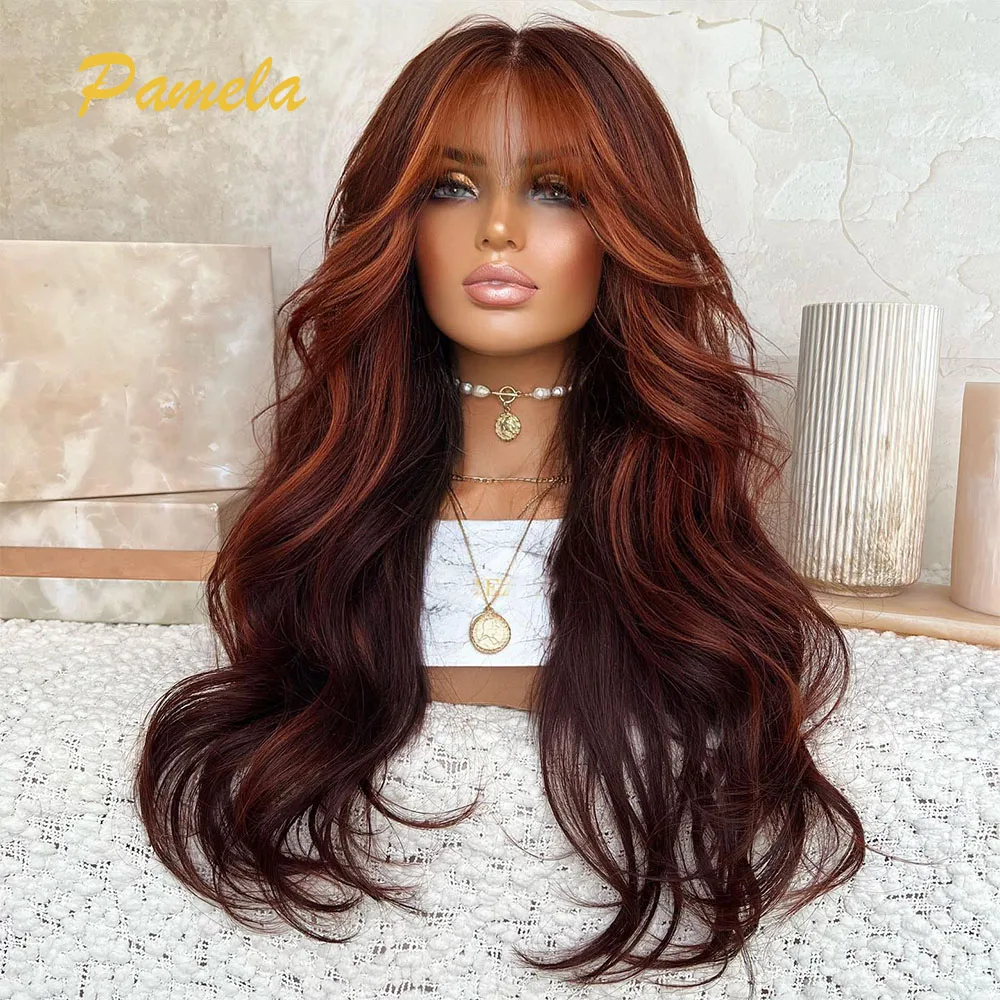 

Ginger Blonde Glueless Wig Human hair Ready To Go 250% Density Reddish Brwon Body Wave HD Transparent Lace Frontal Wig With Bang