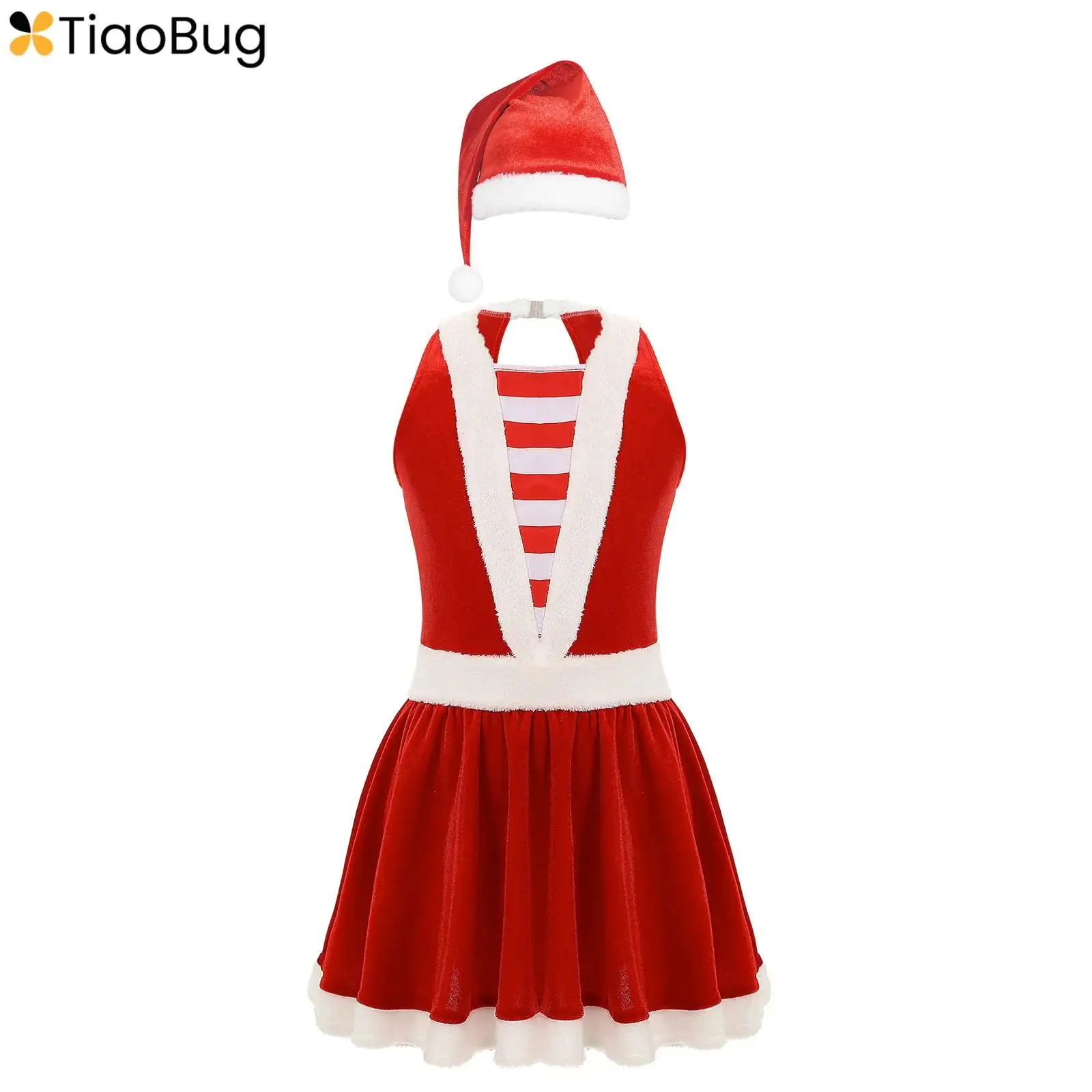

Kids Girls Christmas Mrs Santa Claus Costume Sleeveless Ballet Dance Skating Tutu Dress with Hat Xmas Party Candy Cane Cosplay