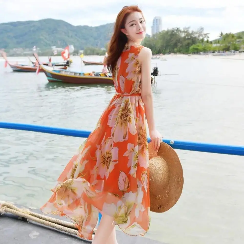 

Floral Print Floral Dress Women Bohemian Beach Dress Sleeveless Beach Skirt Dacron V Neck V-neck Maxi Dress Women Tourism