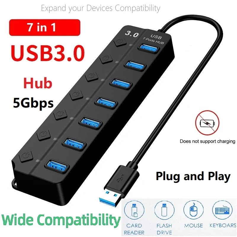 USB Hub 7 Port USB 3.0 HUB USB Splitter with Individual On/Off Switches 5V Charging Port and Lights USB Extension for Laptop PC
USB Hub 7 Port USB 3.0 HUB USB Splitter with Individual On/Off Switches 5V Charging Port and Lights USB Extension for Laptop PC