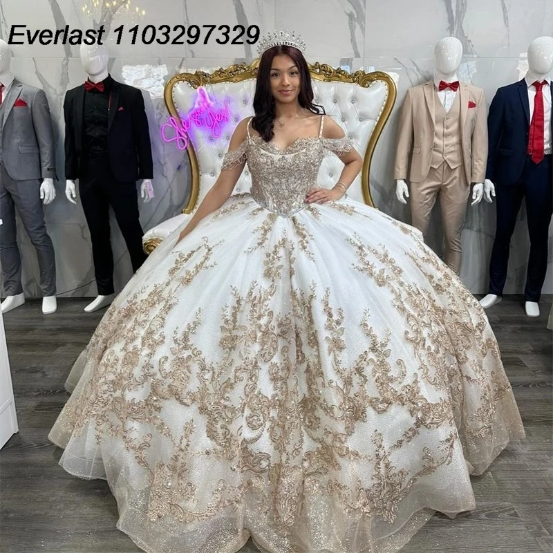 

EVLAST Mexico Quinceanera Dress Ball Gown Gold Sequins Lace Applique Beading Crystals Corset Sweet 16 Vestido De 15 Anos TQD506