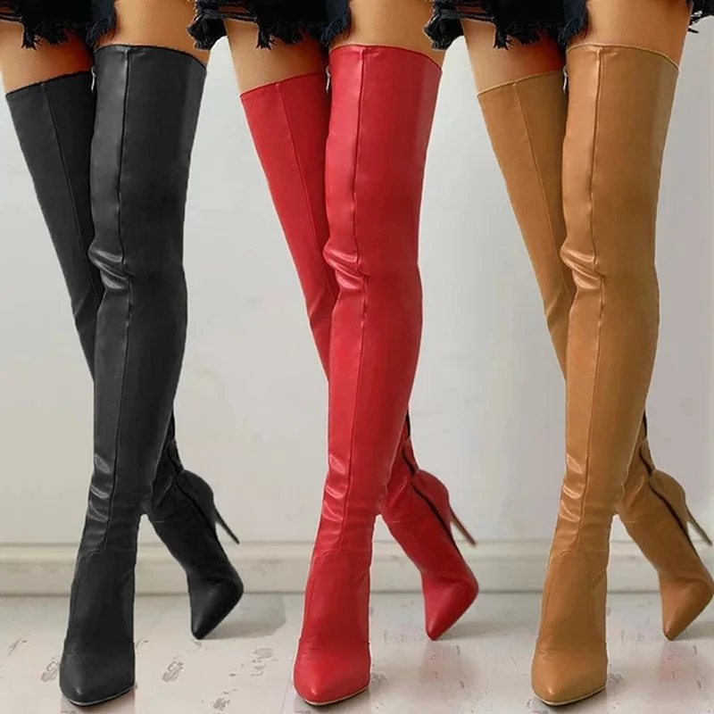 

KNCOKAR 2024 Осень/Зима Новые остроносые боковые молнии тонкие высокие каблуки большие сапоги выше колена для женщин