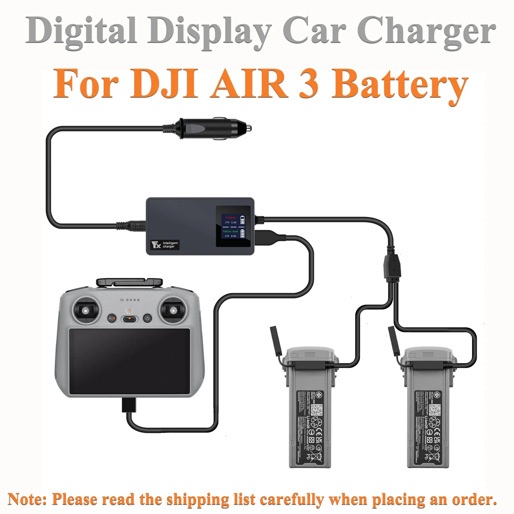 

Автомобильное зарядное устройство с цифровым дисплеем для DJI AIR 3, зарядное устройство с двойным жк-дисплеем и портом USB-A для дрона, пульт дистанционного управления, аксессуары для зарядки
