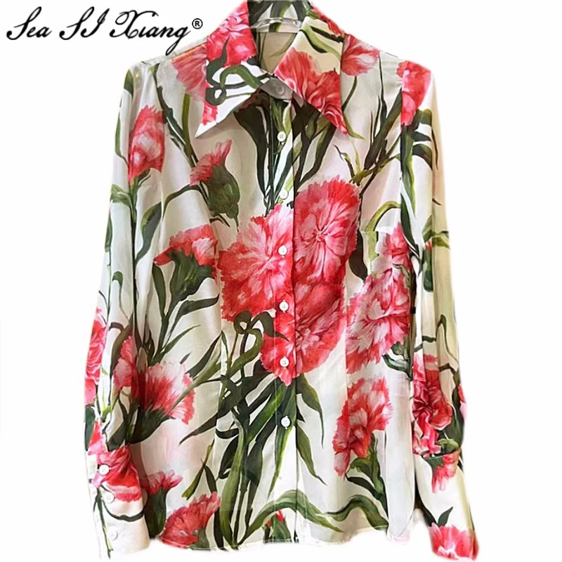 Seasixiang Fashion Designer Summer Sicily Silk Women Shirt Turn-down Collar Long Sleeved Flowers Print Single Breasted Blouses
Seasixiang Fashion Designer Summer Sicily Silk Women Shirt Turn-down Collar Long Sleeved Flowers Print Single Breasted Blouses