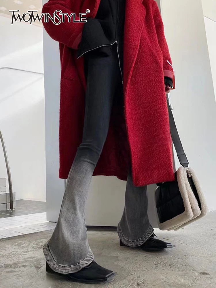 TWOTWINSTYLE Temperament Ombre Jeans For Women High Waist Patchwork Button Zipper Casual Slim Flare Pants Female Fashion Style 
TWOTWINSTYLE Temperament Ombre Jeans For Women High Waist Patchwork Button Zipper Casual Slim Flare Pants Female Fashion Style