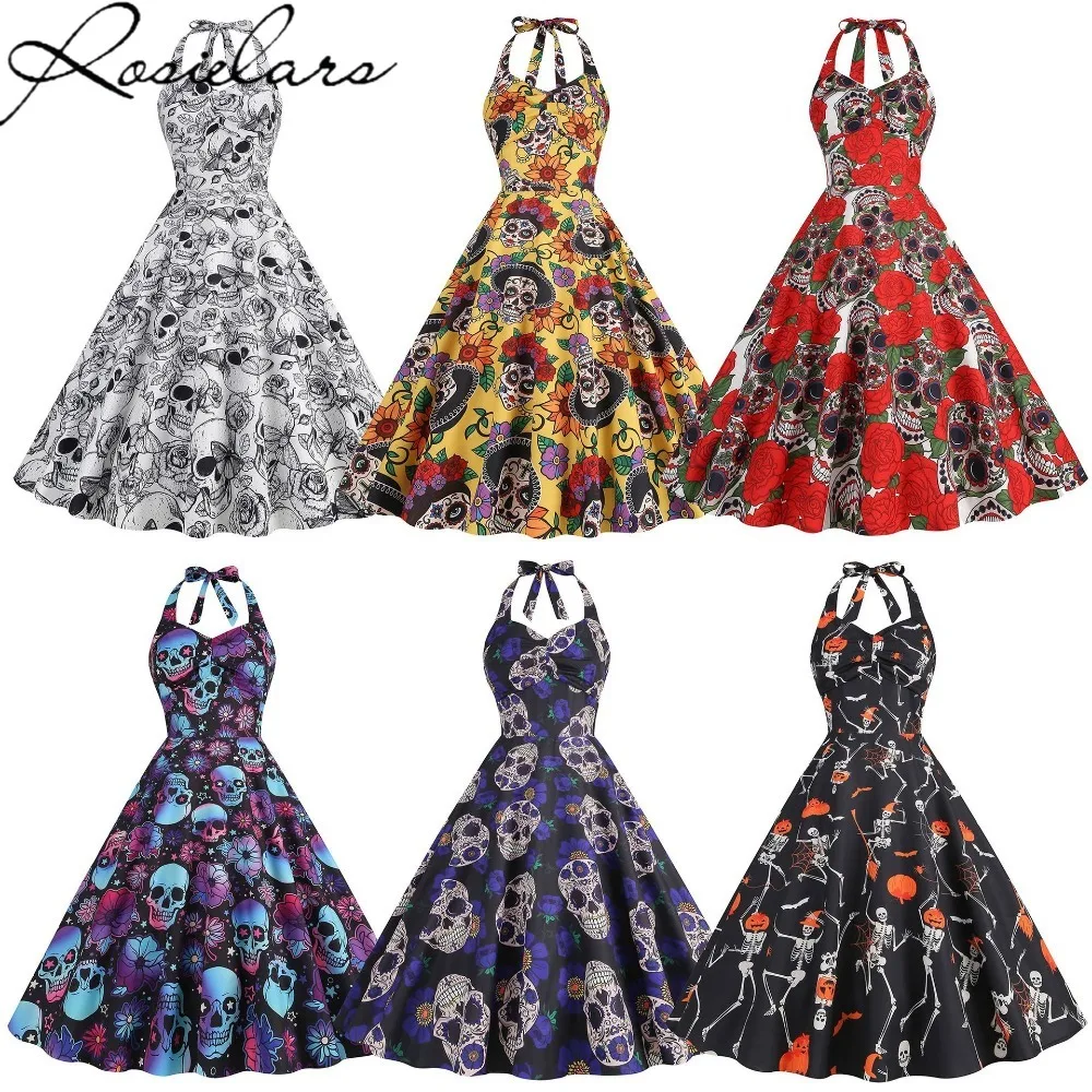 

2023 New Women Clothing Halloween Skull Print Halter-neck Sexy Long Dresses Festival Costume Pumpkin Cosplay White Dress 2XL