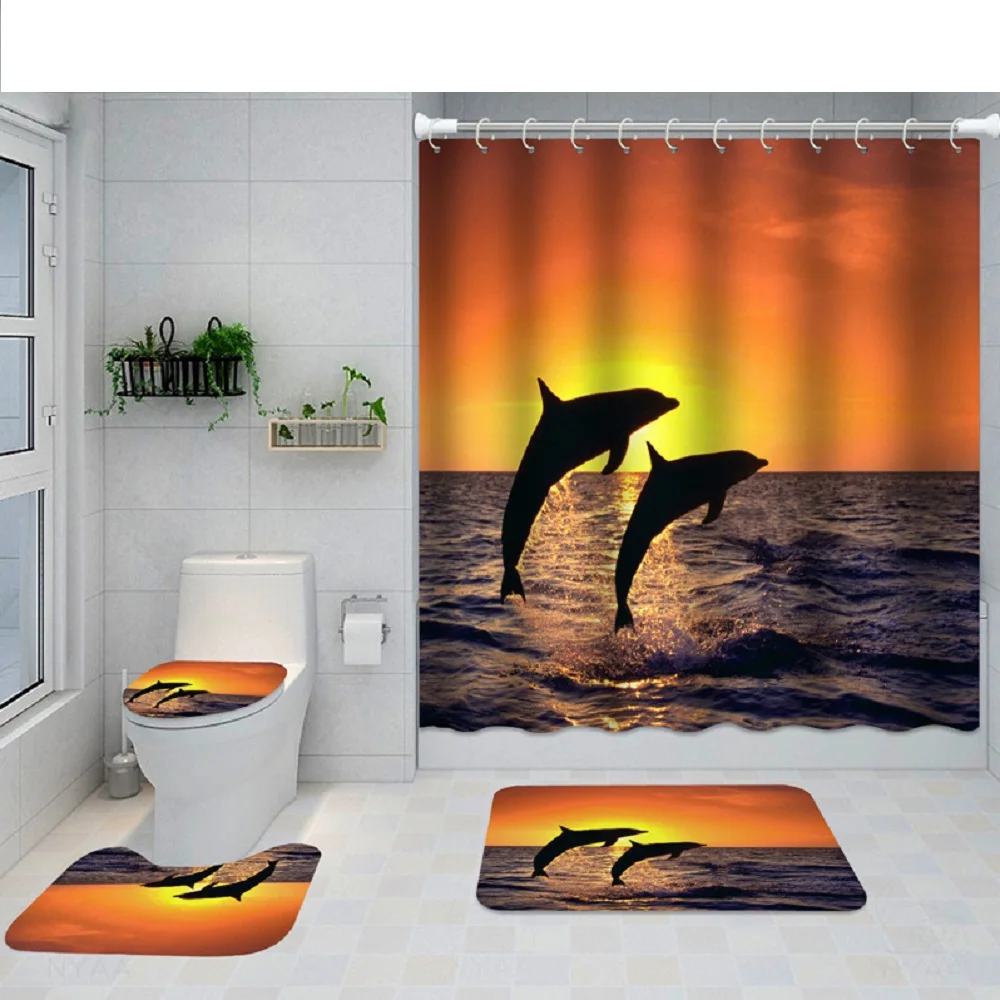Ocean Beach Shower Curtain Sets Non-Slip Rugs Toilet Cover Bath Mat Seaside Ocean Waves Sunset Dolphin Bath Curtains with Hooks
Ocean Beach Shower Curtain Sets Non-Slip Rugs Toilet Cover Bath Mat Seaside Ocean Waves Sunset Dolphin Bath Curtains with Hooks