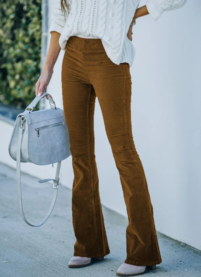 

Женские брюки в городском стиле, новинка весны 2024, однотонные облегающие брюки-клеш с высокой талией, повседневные вельветовые брюки с эластичным поясом