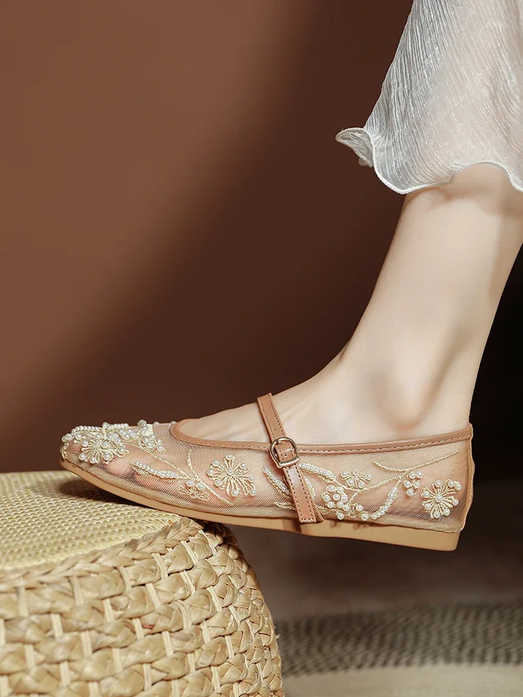 Summer White Pearl Decoration Mesh Embroidery Ballet Flats Women Elegant String Bead Flat Sandals Light Mary Jane Designer Shoes 43 S48be823bc00c448ab08c3a2ed2deae46a