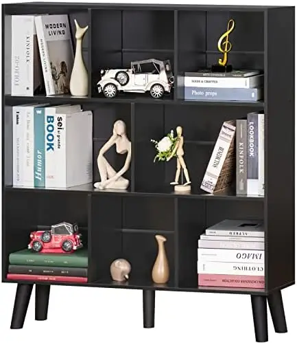

Cube Bookshelf,3 Tier Bookcase with Legs,Black Mid-Century Modern Bookshelves,Large Free Standing Open Storage Organizer Shelf,T