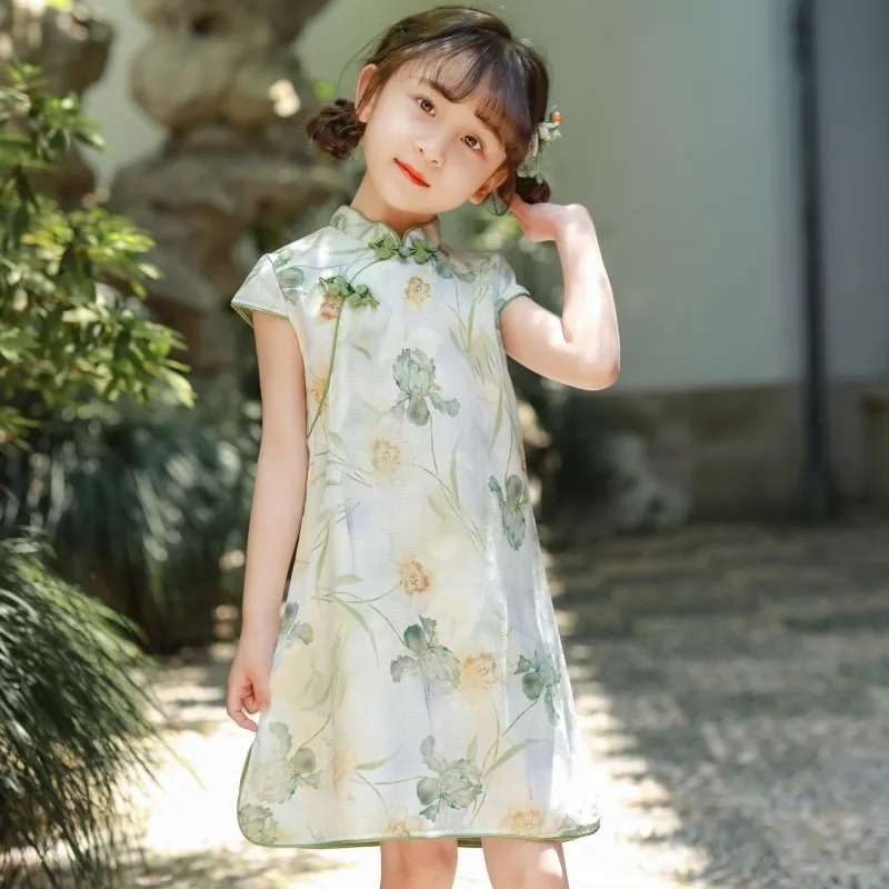 

Summer Green Children Cheongsam Short Sleeve Traditional Vintage Girls Dress Hanfu Costumes New Chinese Style Qipao 90-150cm