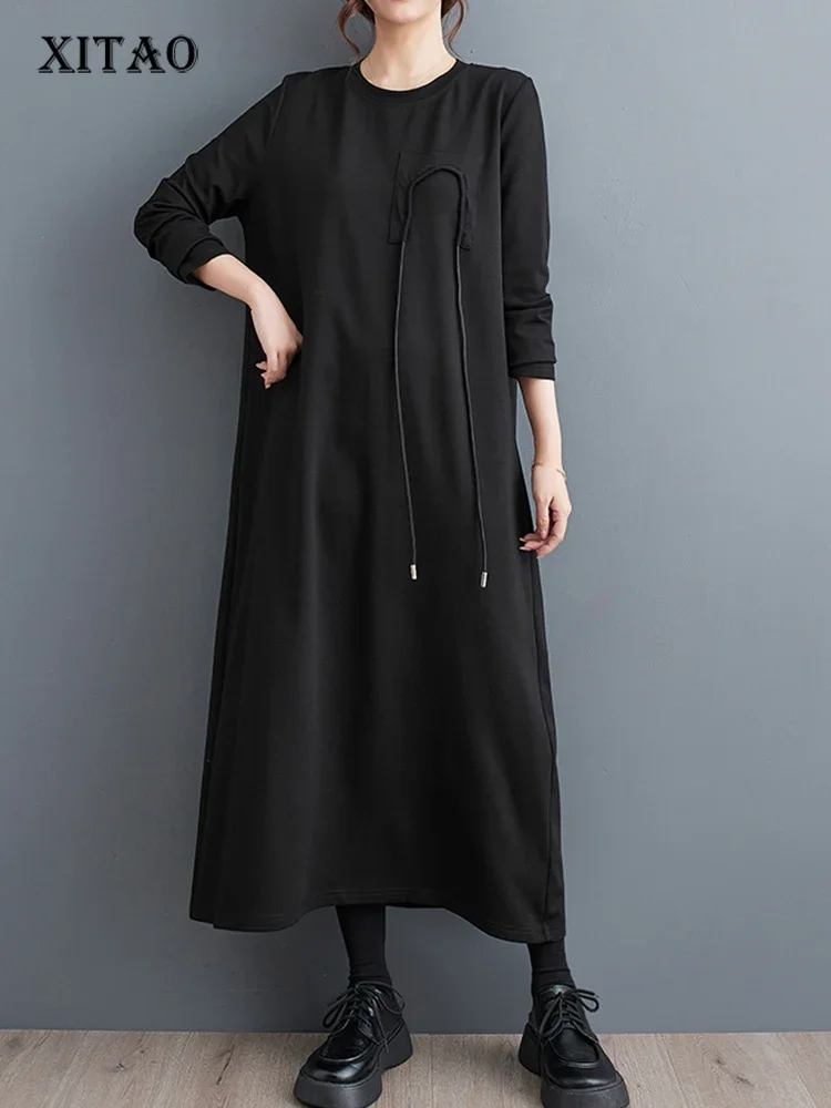 

Платье XITAO DMJ2680 женское с длинным рукавом, свободное повседневное модное простое универсальное однотонное пуловер с круглым вырезом, весна 2024