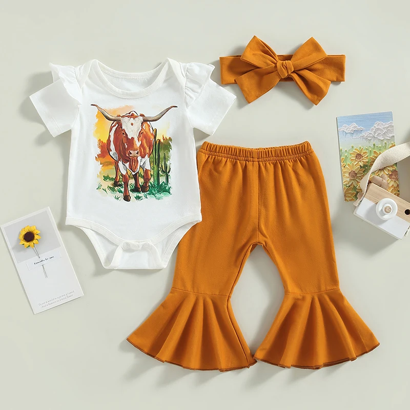 Newborn Baby Girl Clothes Western Bell-Bottome Outfits Ruffle Cow Print Romper Flare Pant Headband Set
Newborn Baby Girl Clothes Western Bell-Bottome Outfits Ruffle Cow Print Romper Flare Pant Headband Set