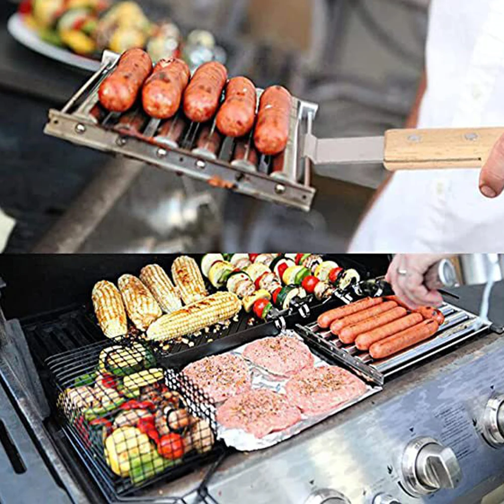 Charcoal Hot Dog Sausage Roller Rack Stainless Steel Sausage Rolling Steamer with Long Wood Handle Outdoor BBQ Tool Hold
Charcoal Hot Dog Sausage Roller Rack Stainless Steel Sausage Rolling Steamer with Long Wood Handle Outdoor BBQ Tool Hold