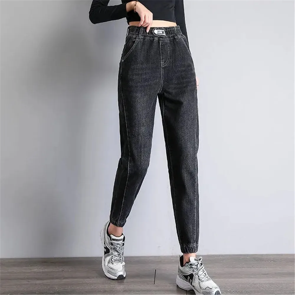 

Plus Size High Waisted Elastic Harlan Jeans For Autumn And Winter Minimalist Basic Loose Fitting Streetwear Women'S Cropped Pant