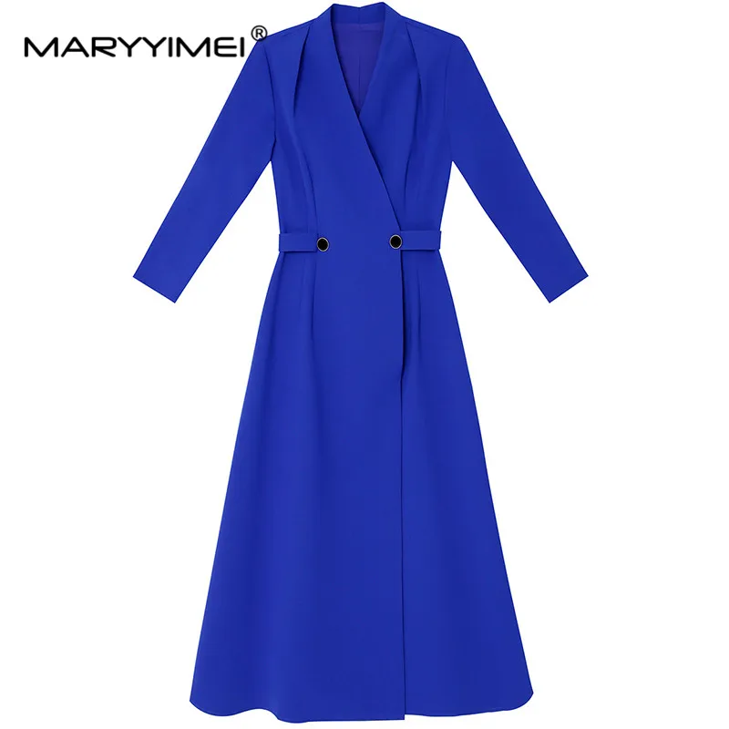 

MARYYIMEI New Fashion Runway Designer Women's Blue V-Neck Commuter Style Temperament High-Waisted Slim Long A-line Dress