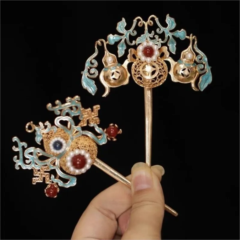 

Blue Hollow Gourd Hanfu Cheongsam Tang Style Ming Qing Dynasties Multi-treasure Hairpins Headdresses Hairpin Accessories