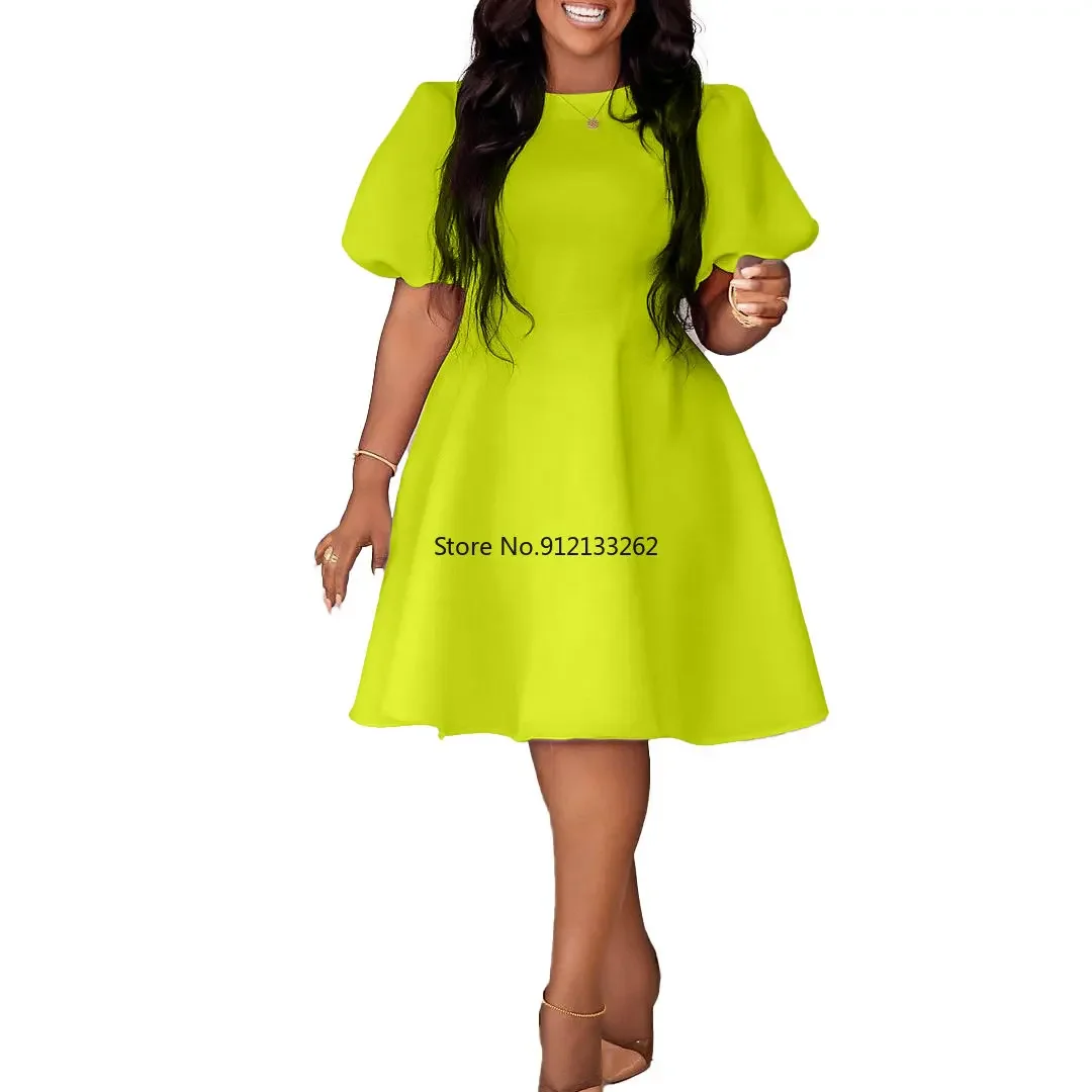 

Women Elegant Party Dress O Neck Short Lantern Sleeves Pleated A Line High Waist African Classy Spring Fashion Gowns Event Robes