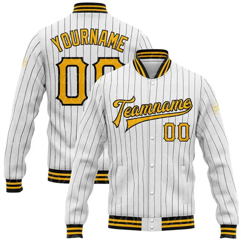 

Custom White Yellow Color 3D Printed Baseball Button Jacket Bomber Full-Snap Varsity Letterman Jacket