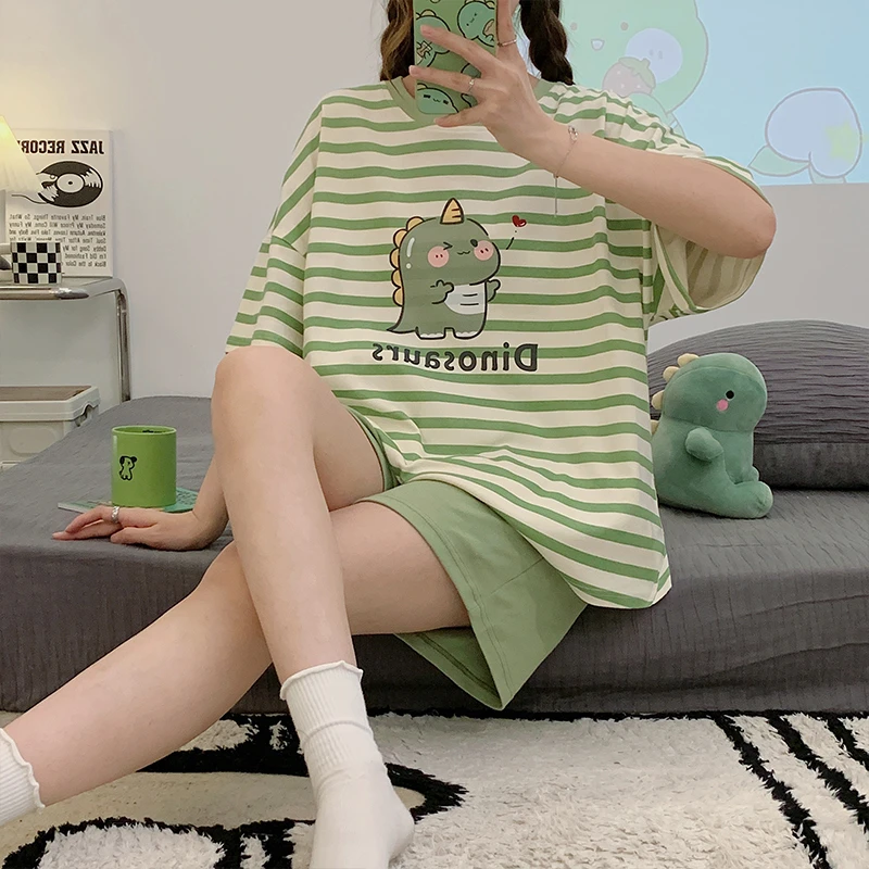2023 Summer Pajama Suit For Women Korean Loose Pijama Mujer Cartoon Dinosaur Short-sleeve Pajama Sets Cotton Stripe Sleepwear
2023 Summer Pajama Suit For Women Korean Loose Pijama Mujer Cartoon Dinosaur Short-sleeve Pajama Sets Cotton Stripe Sleepwear