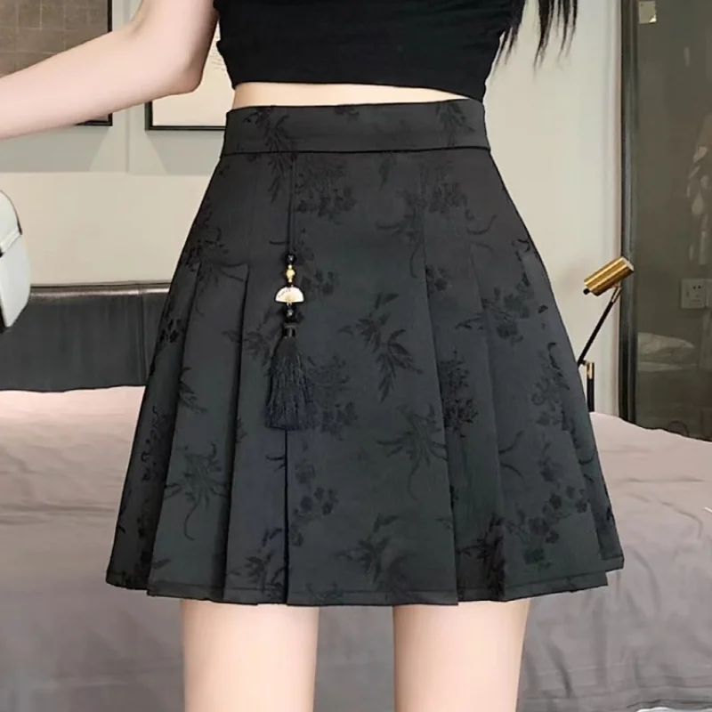 

LKSK New Chinese Style Half Skirt New Summer Chinese Style Women's Clothing Slimming High Waisted Pleated A-line Short Skirt