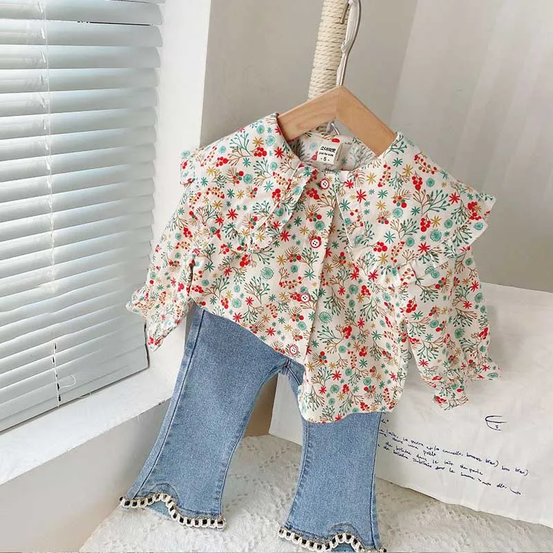 

Autumn New Girls' Floral Shirt Denim Pants Set Fashion Baby's Turn Down Collar Blouse Top + Elastic Waist Jeans 2Pieces Suit