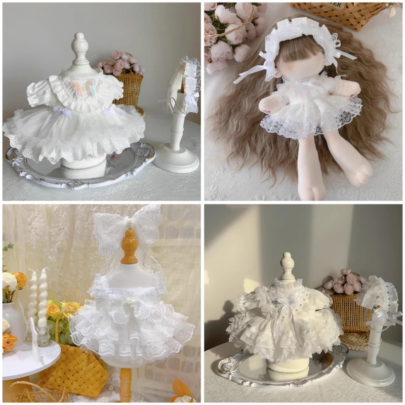 

Handmade 2pc 10/15/20/25/40CM Gorgeous White Lace Princess Dress Hairband Plush Dolls Outfit Toys Doll's Accessories Cos Suit