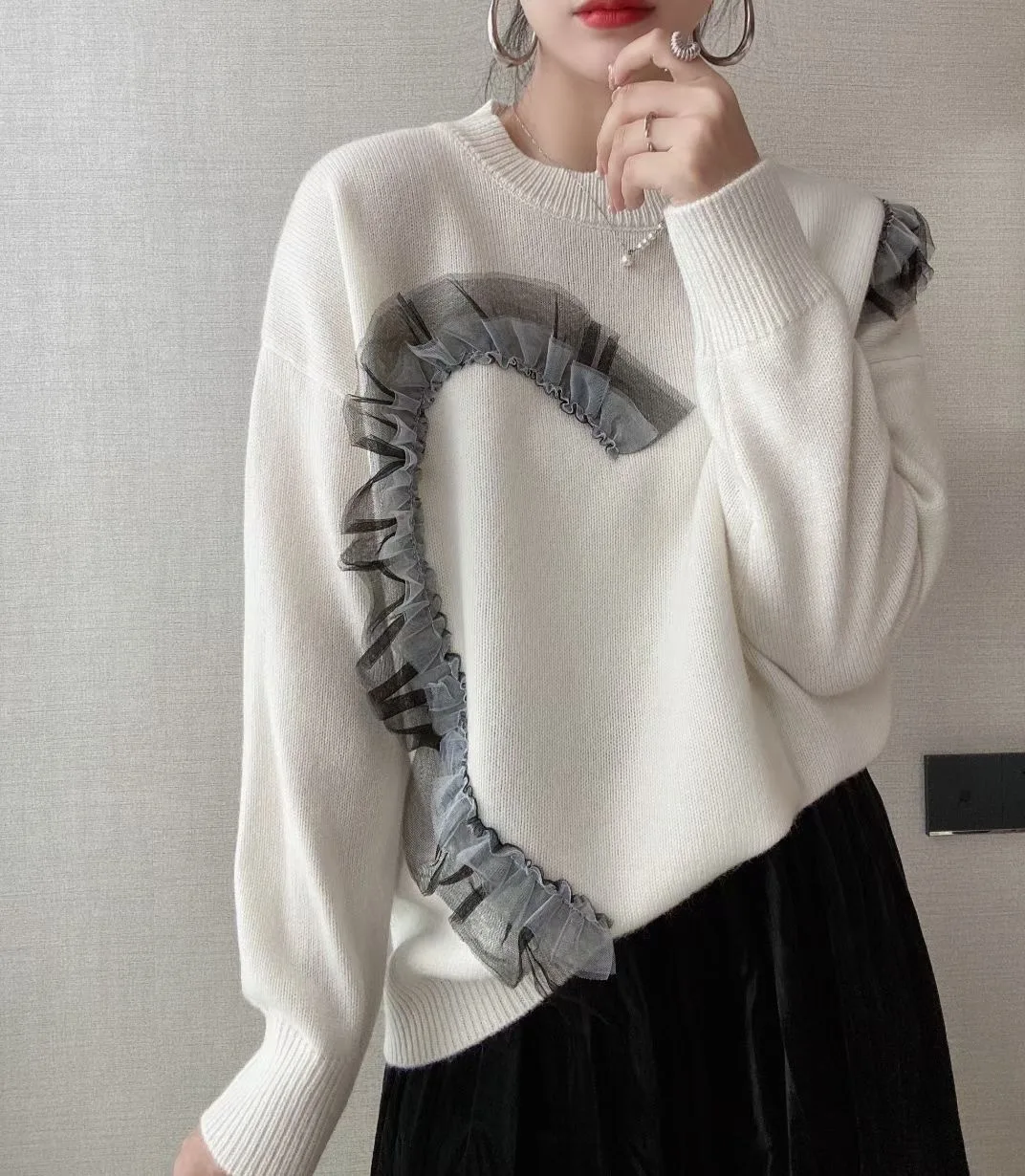 

Patchwork Mesh Edible Tree Fungus Ruffle Contrast Knit Pullover Thin Sweater Women Long Sleeve Autumn Knitted Top Fashion Casual