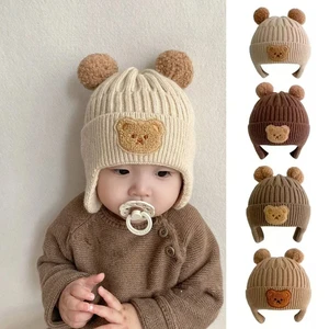 Зимняя детская Шапка-бини с мультяшным медведем, вязаная шапка для маленьких мальчиков и девочек, милая Корейская теплая детская вязаная шапка