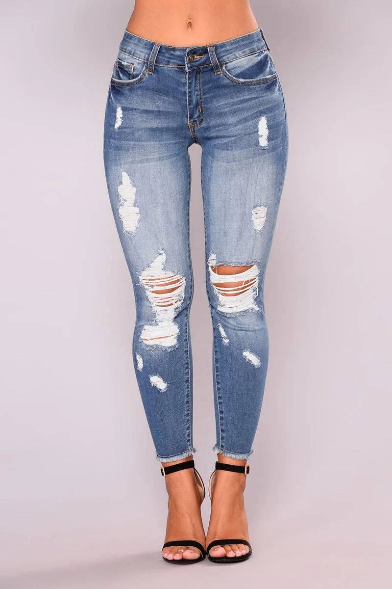 

Women Casual Capris Jeans Ripped Distressed Knee Holes Vintage Tassel Bleached Low Waist Fit Female Trousers High Quality