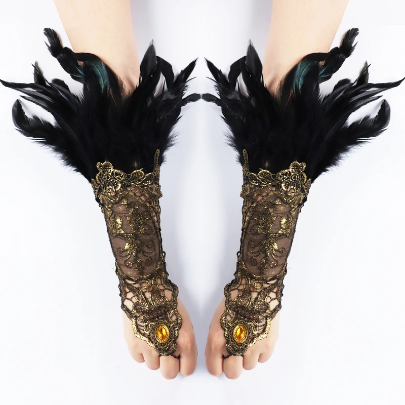 

2pcs Steampunk Lace Feather Wrist Cuffs Gothic Feather Gloves Stage Showgirl Brazil Carnival Rave Party Cosplay Latin Dance Wear